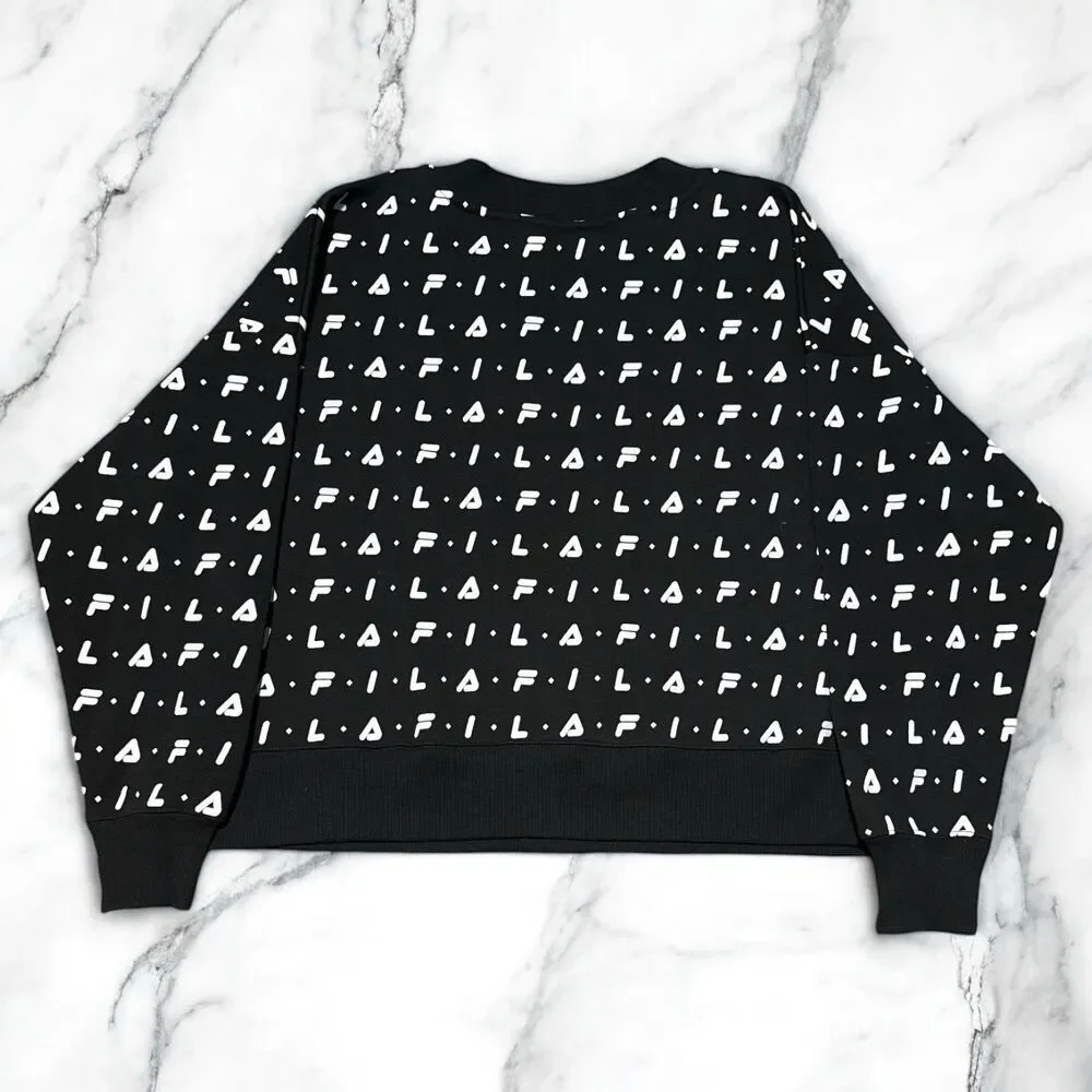 Fila Sweatshirt Women’s 2X Black All Over Logo Crewneck Pullover Long Sleeve NWT